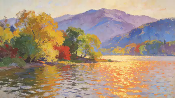 题秋湖夕照图：秋岸晴光染树稠 黄云红萼缀汀洲